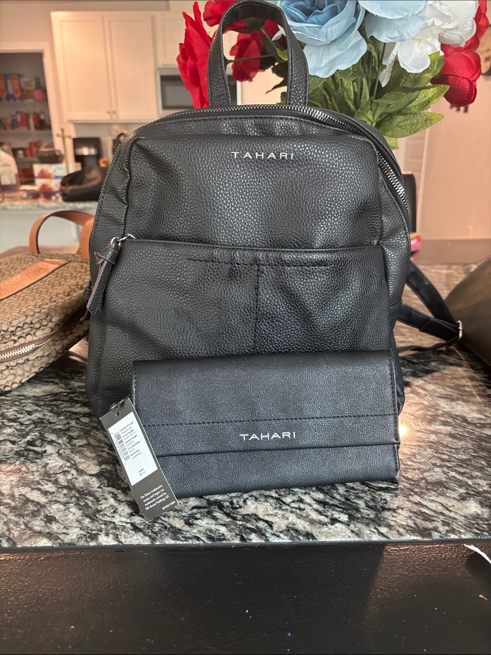 Tahari Black Pebbled Leather Backpack with Matching Wallet